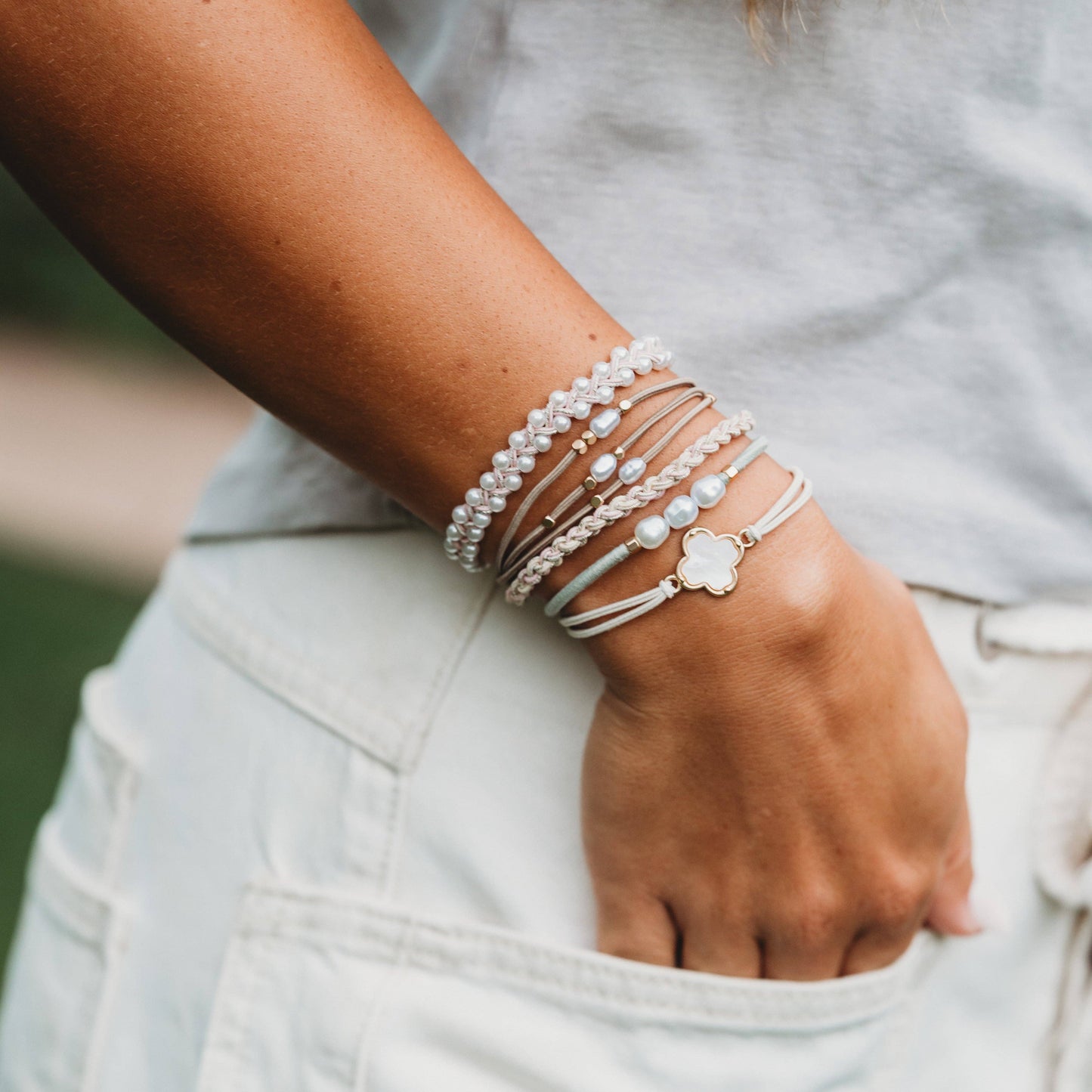 "Glimmer" Soft Pinks with Pearl and Gold Accent Hair Tie Bracelets: Medium
