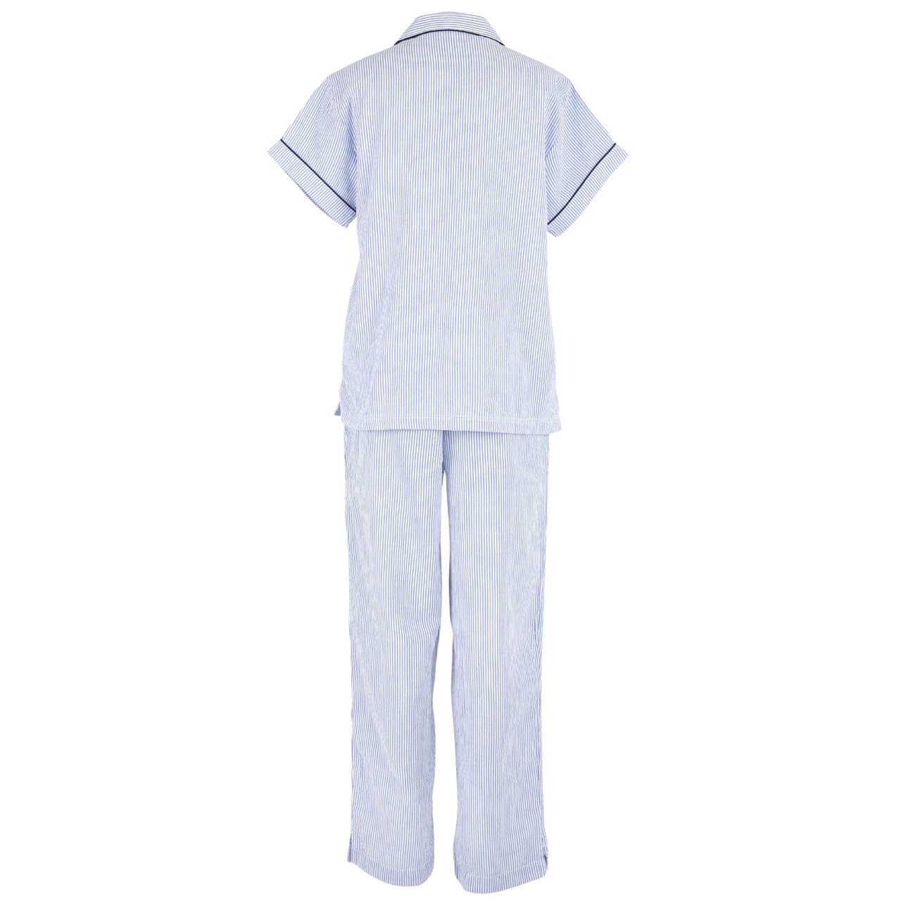 Blue Seersucker-Navy Short Sleeve Long Pant Pajamas