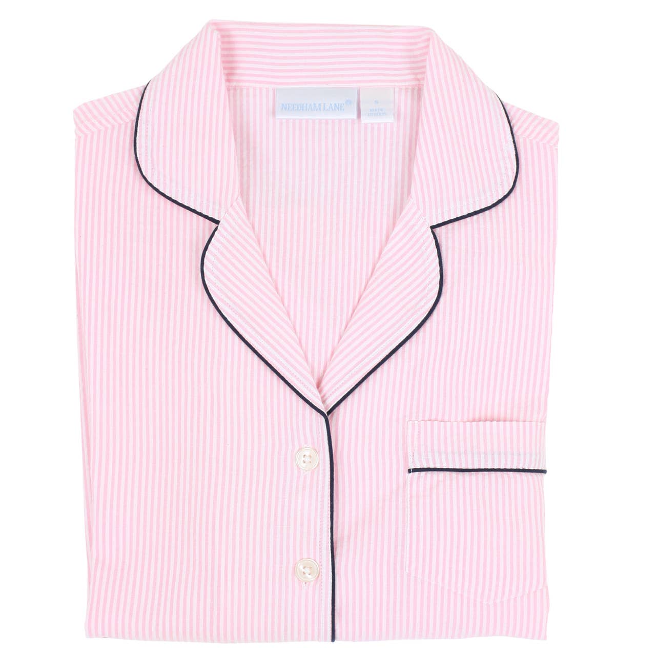Pink Seersucker-Navy Short Sleeve Shorty Pajamas: S