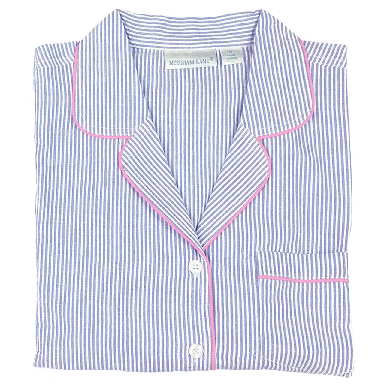 Blue Seersucker-Pink Long Sleeve Pajamas: S