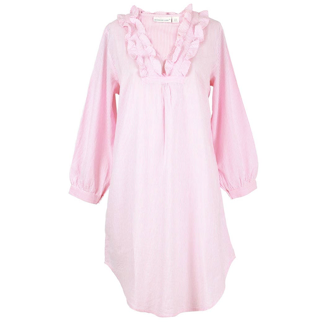 Pink Seersucker ~ Long Sleeve Ruffled Nightshirt