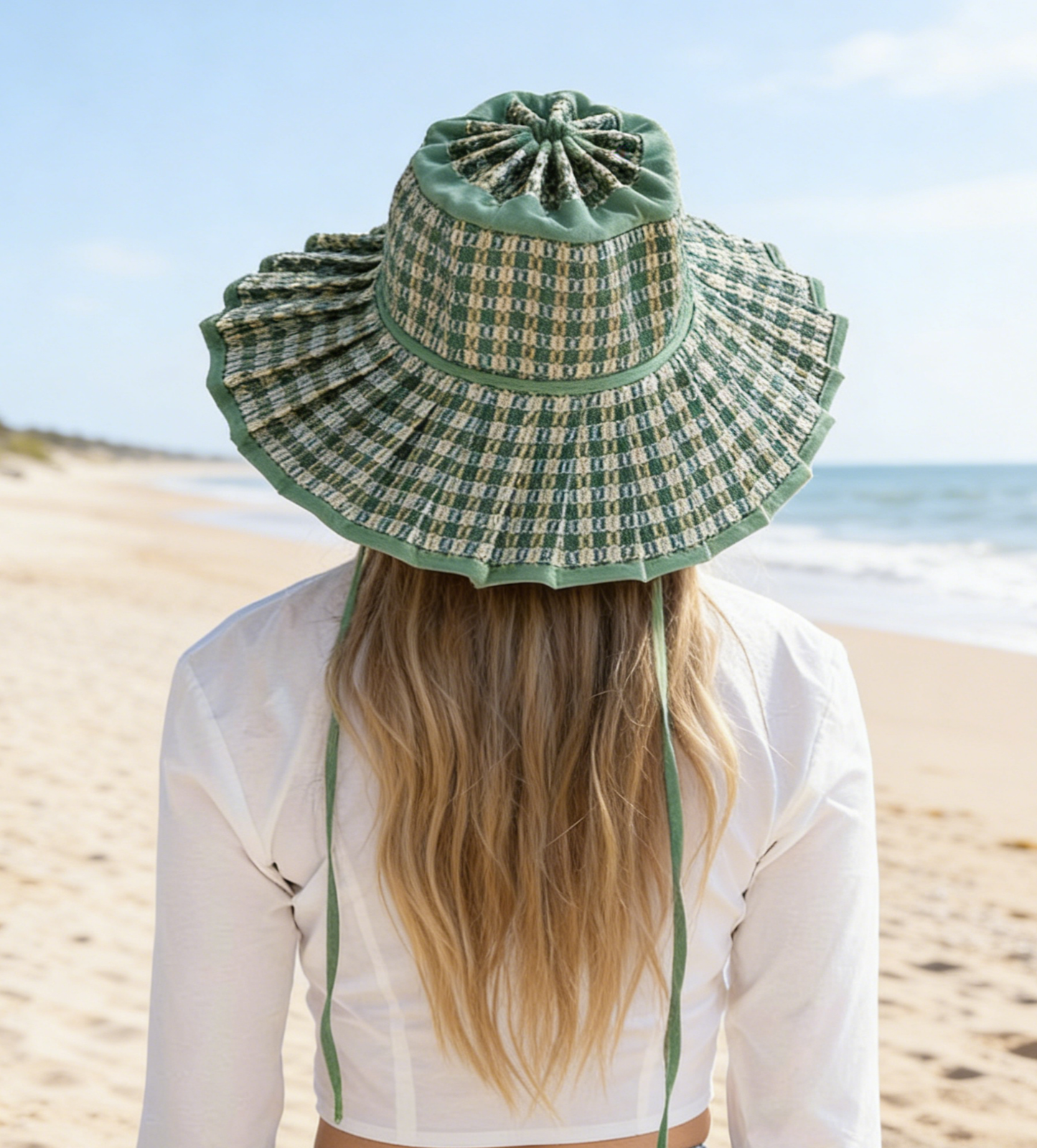 Ruffle Check Straw Hat Plaid Straw Sun Hat: TGrass / M
