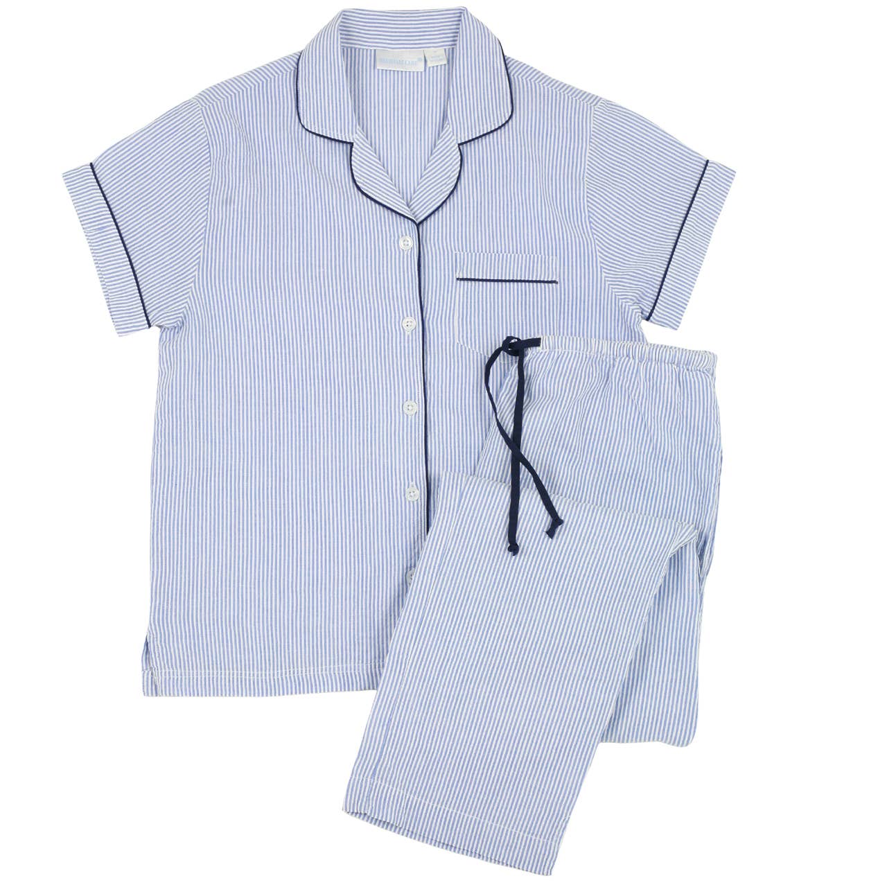 Blue Seersucker-Navy Short Sleeve Long Pant Pajamas