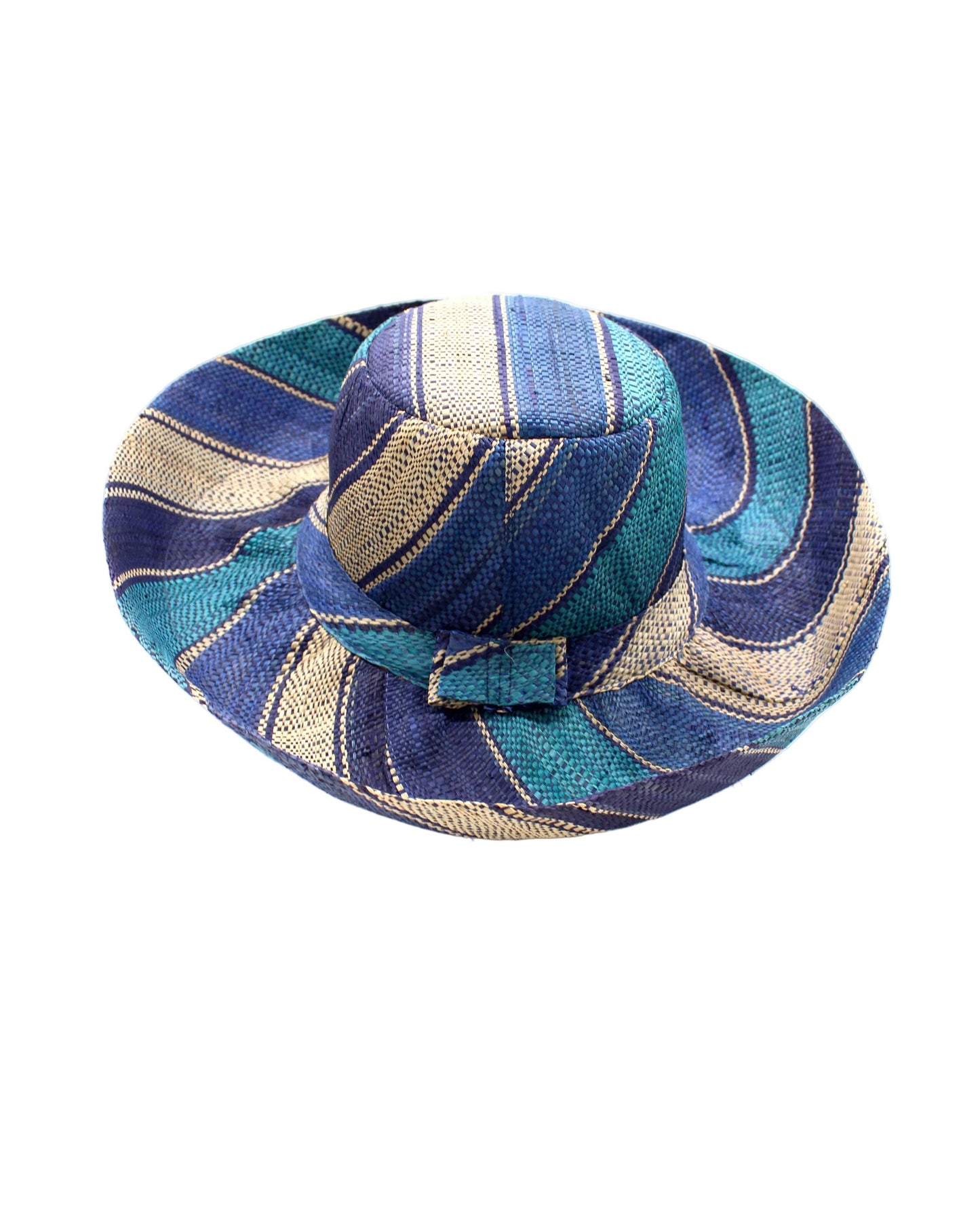 Monica 5" & 7" Wide Brim Stripe Packable Straw Sun Hats: Blue Swirl / 7 Inch