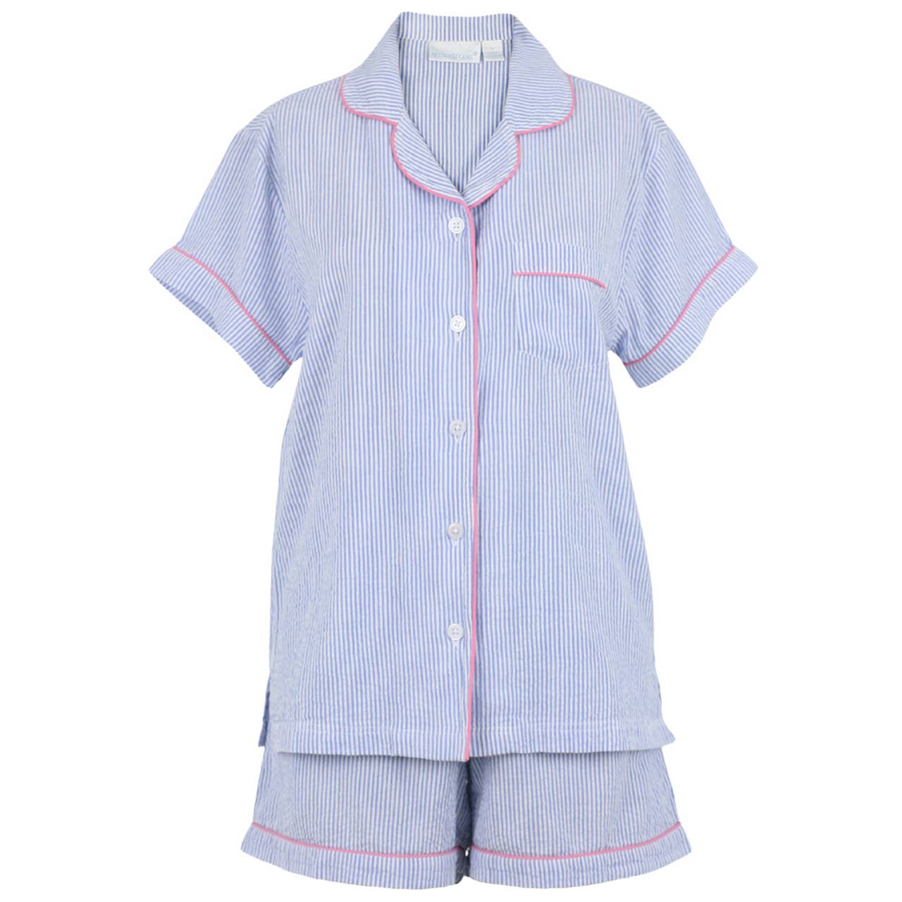 Blue Seersucker-Pink Short Sleeve Shorty Pajamas : M