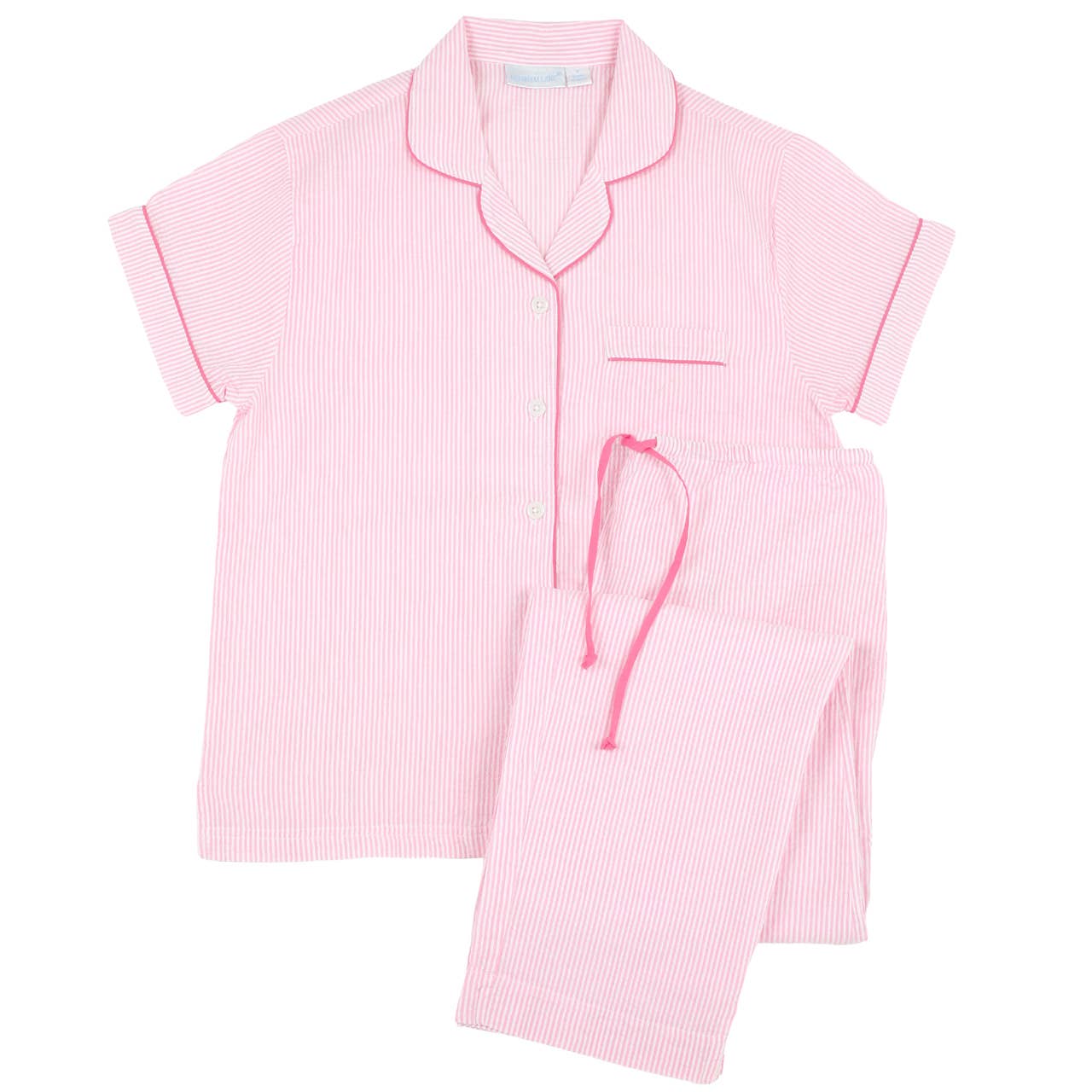 Pink Seersucker-Pink Short Sleeve Long Pant Pajamas