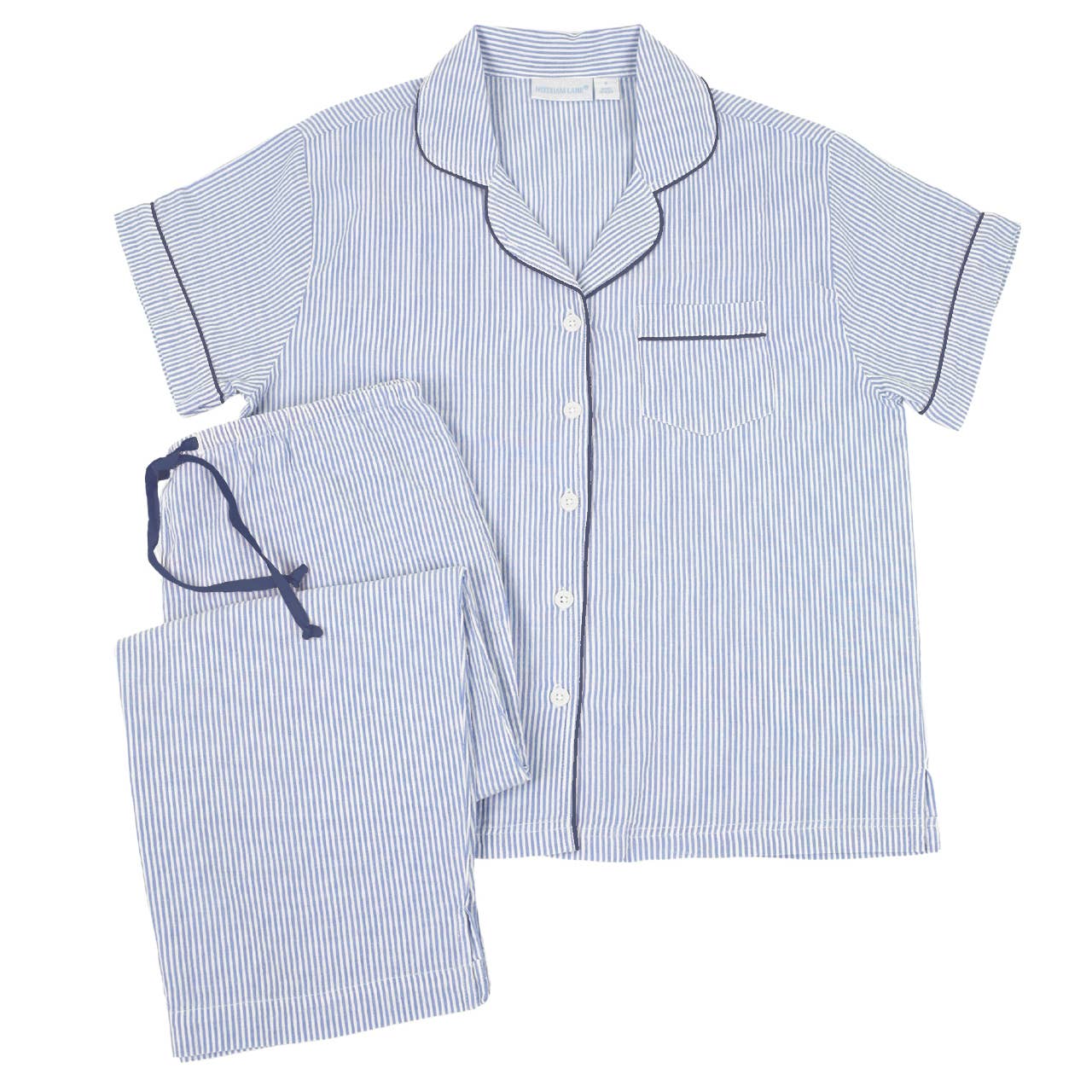 Blue Seersucker-Navy Short Sleeve Capri Pajamas: S