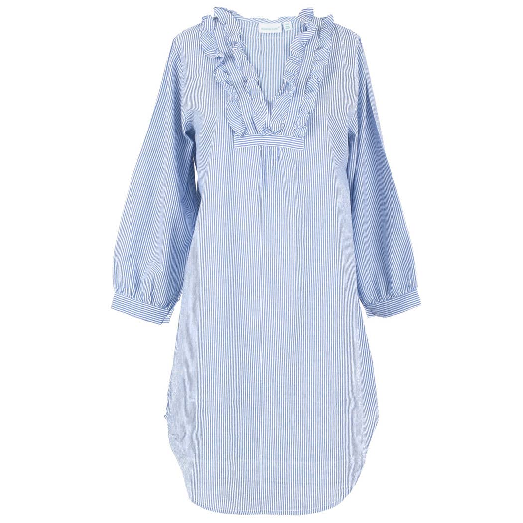 Blue Seersucker ~ Long Sleeve Ruffled Nightshirt