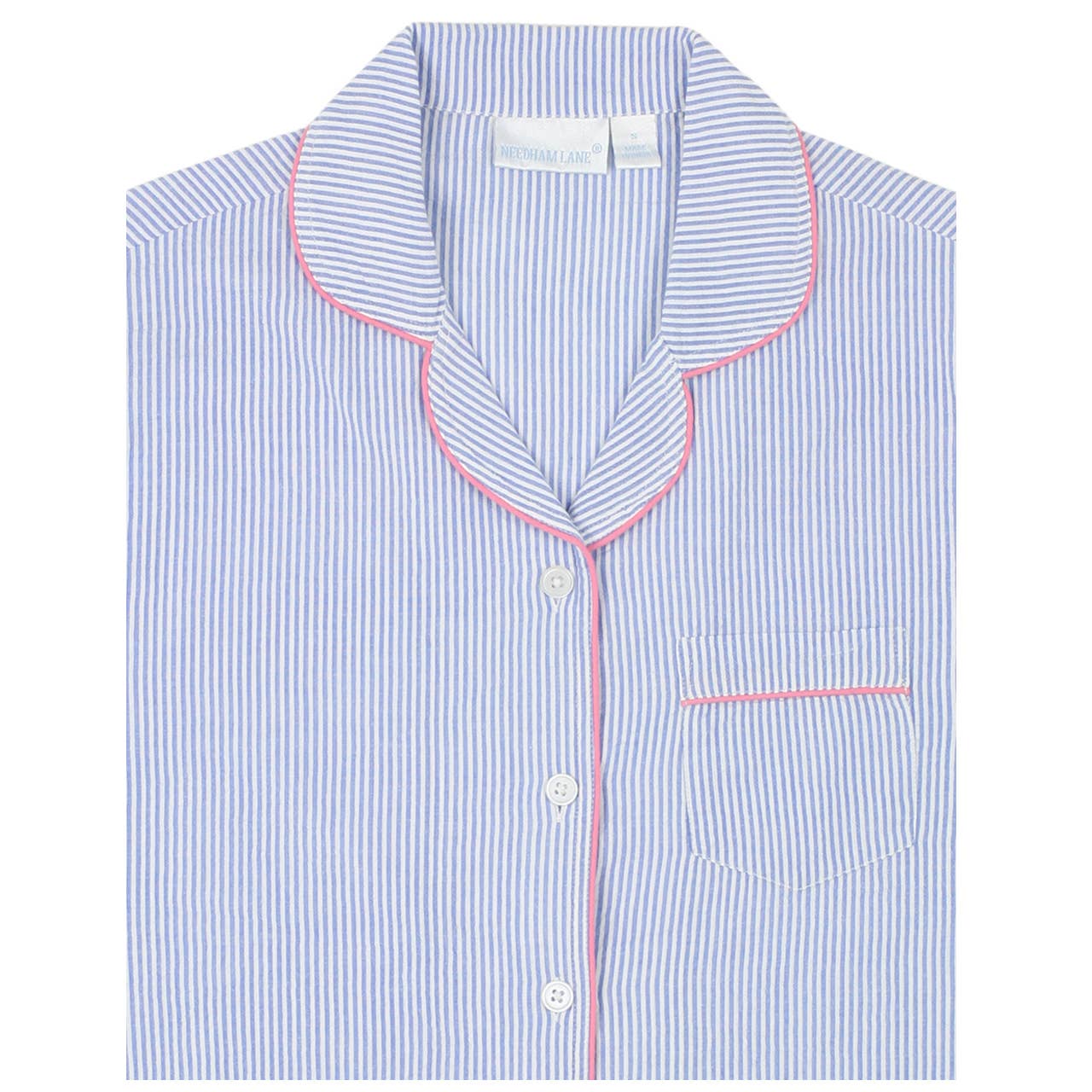 Blue Seersucker-Pink Short Sleeve Shorty Pajamas : M