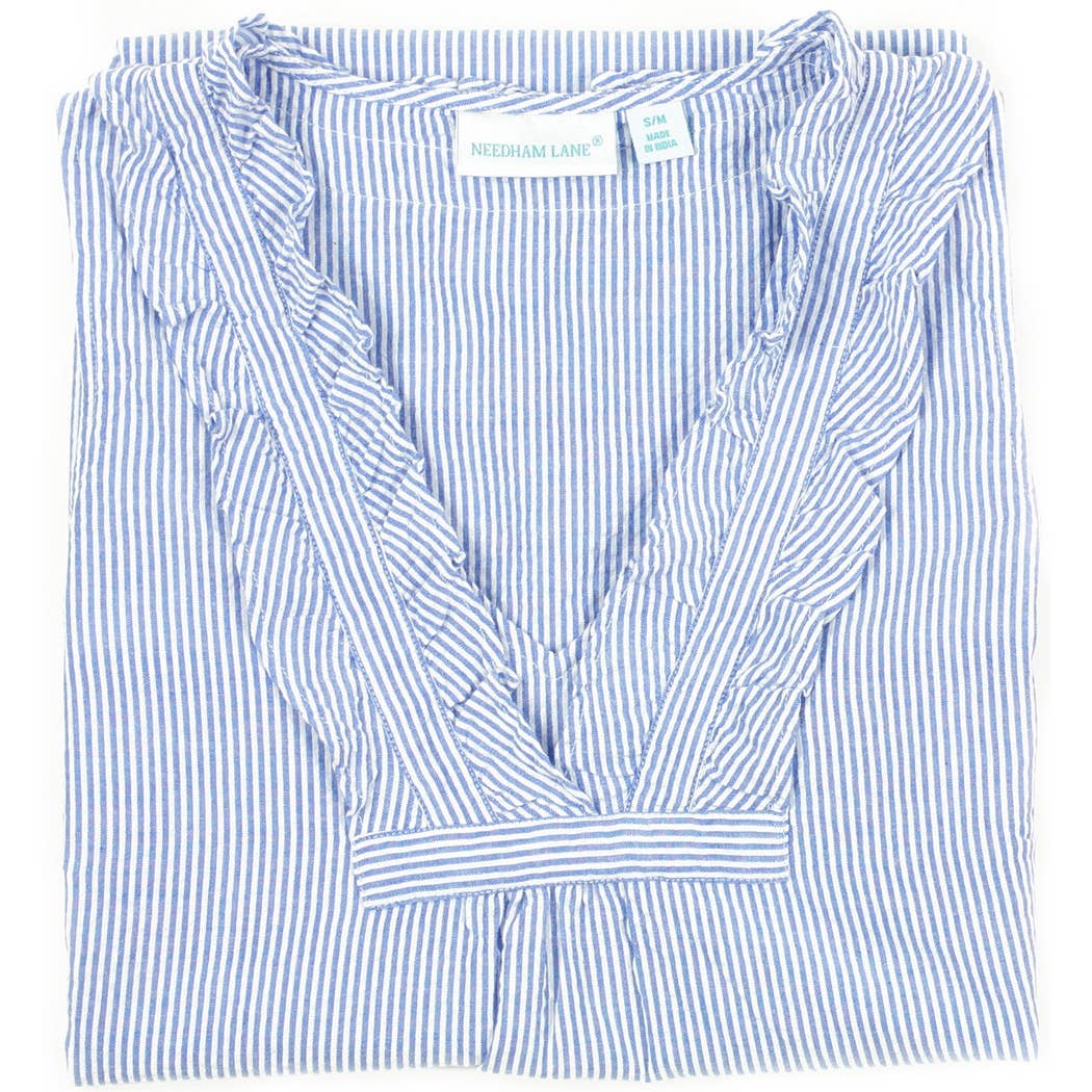 Blue Seersucker ~ Long Sleeve Ruffled Nightshirt