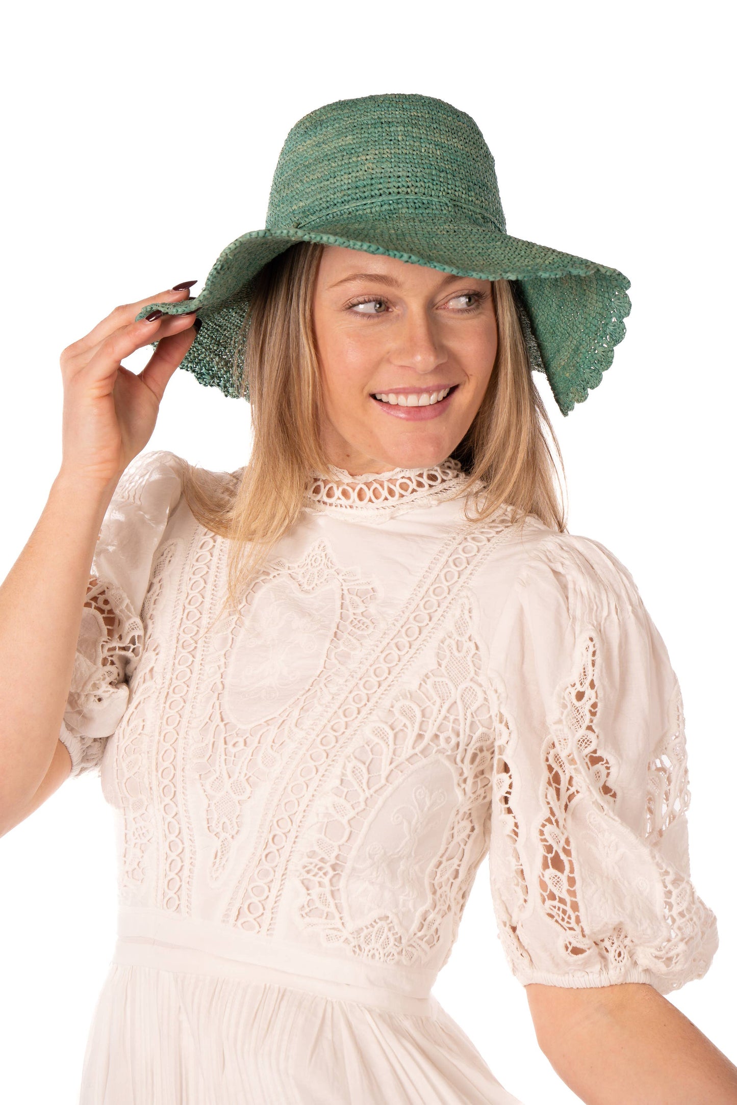 Genevieve 4" Brim Crochet Straw Sun Hat with Lace Weave Edge: Seafoam