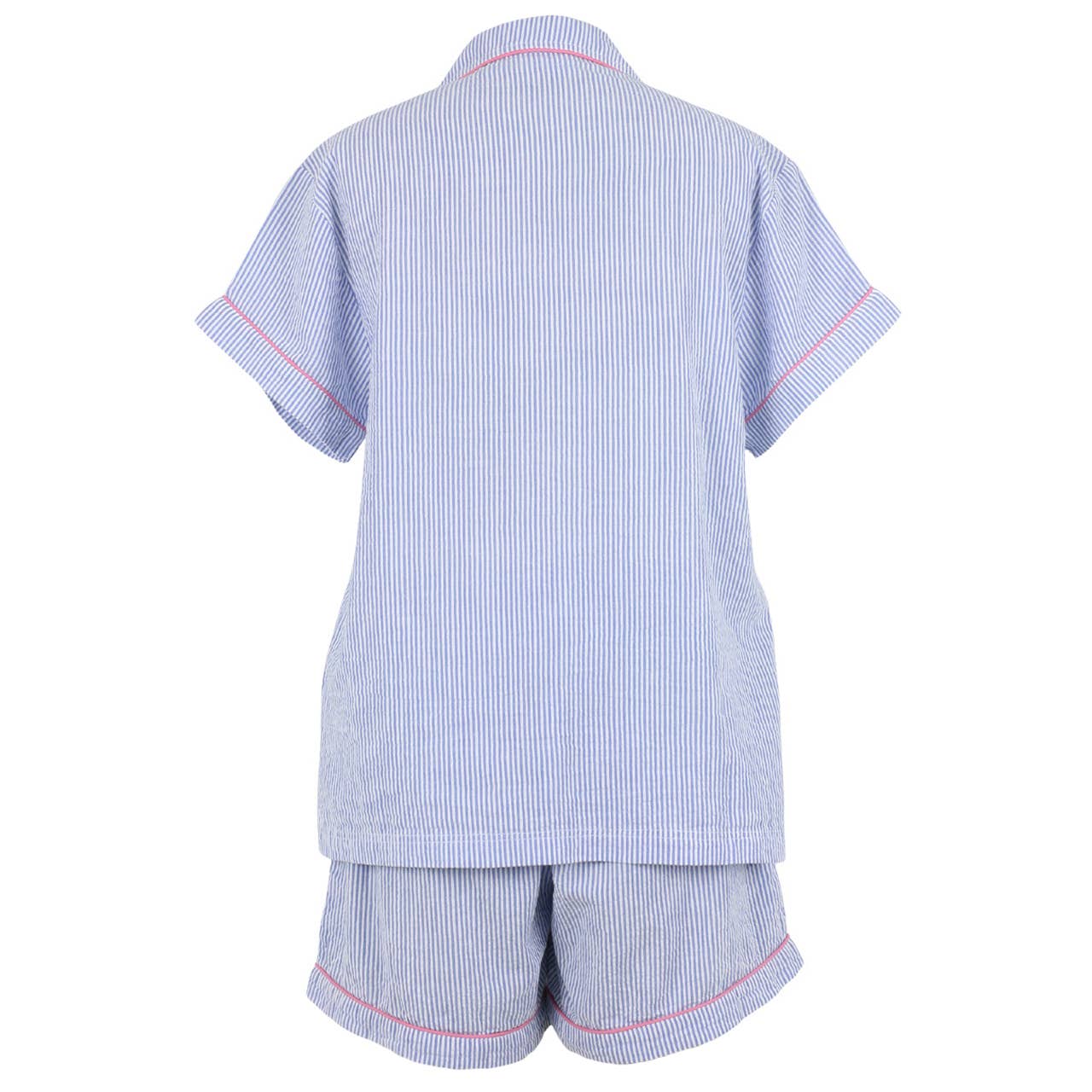 Blue Seersucker-Pink Short Sleeve Shorty Pajamas : L