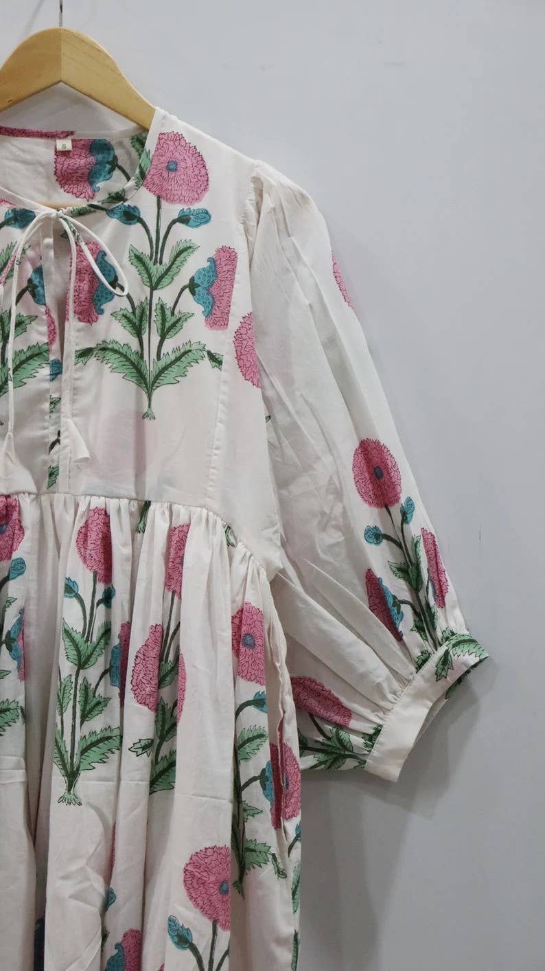 Floral Print Long Dress Deep Neck with String Closer: Mini 87 cm / S