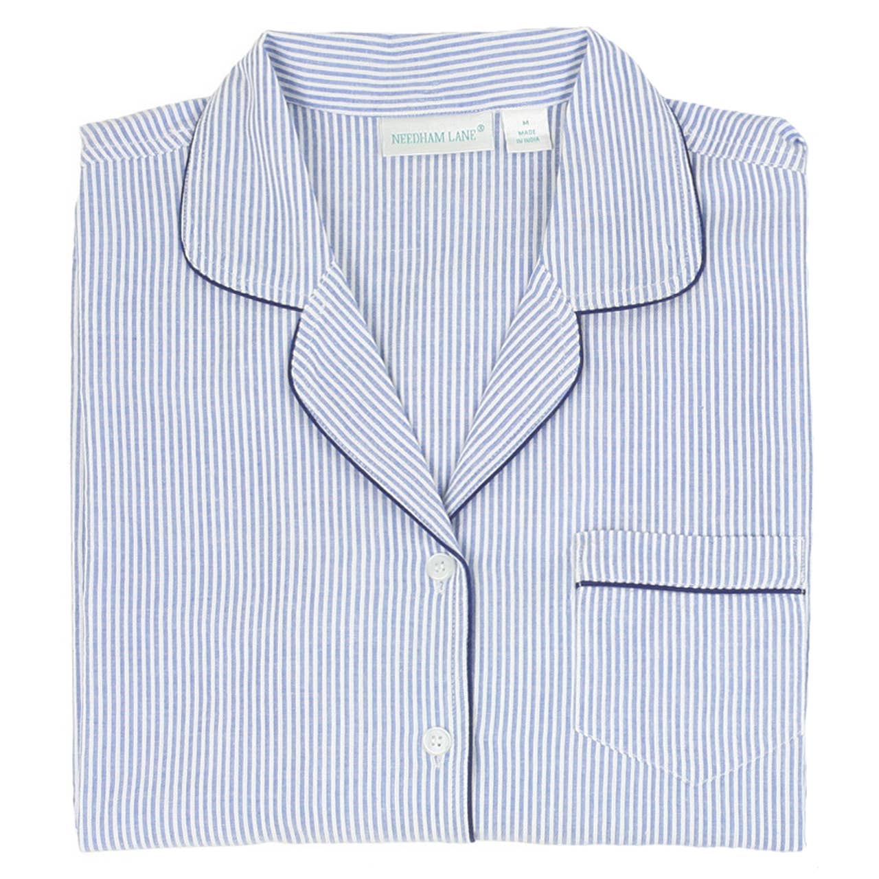 Blue Seersucker-Navy Short Sleeve Long Pant Pajamas