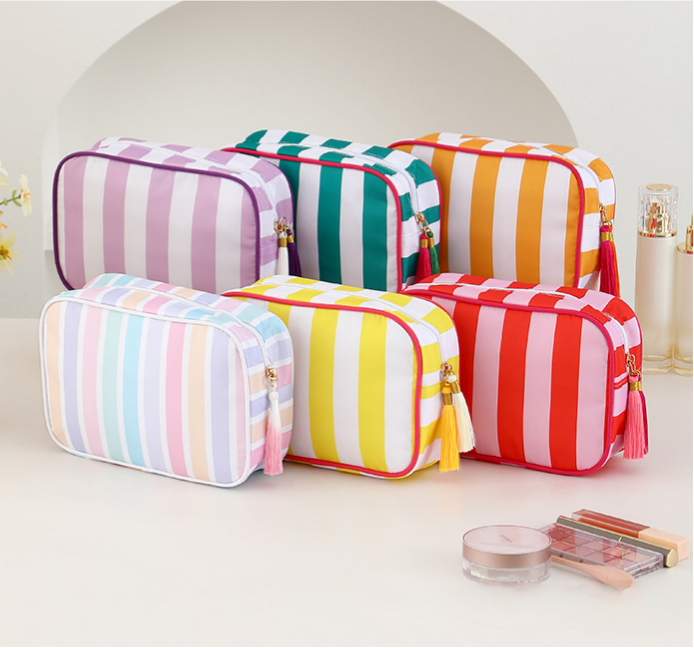 Striped Cosmetic Bag Tassel Zip Makeup Bag: Grass / M
