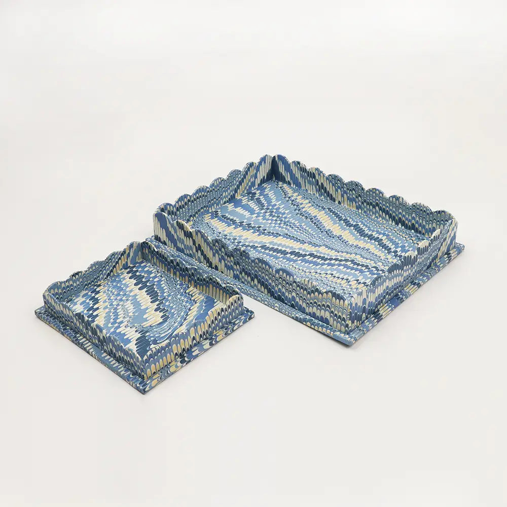 Indigo Marbled Scalloped Tray Set