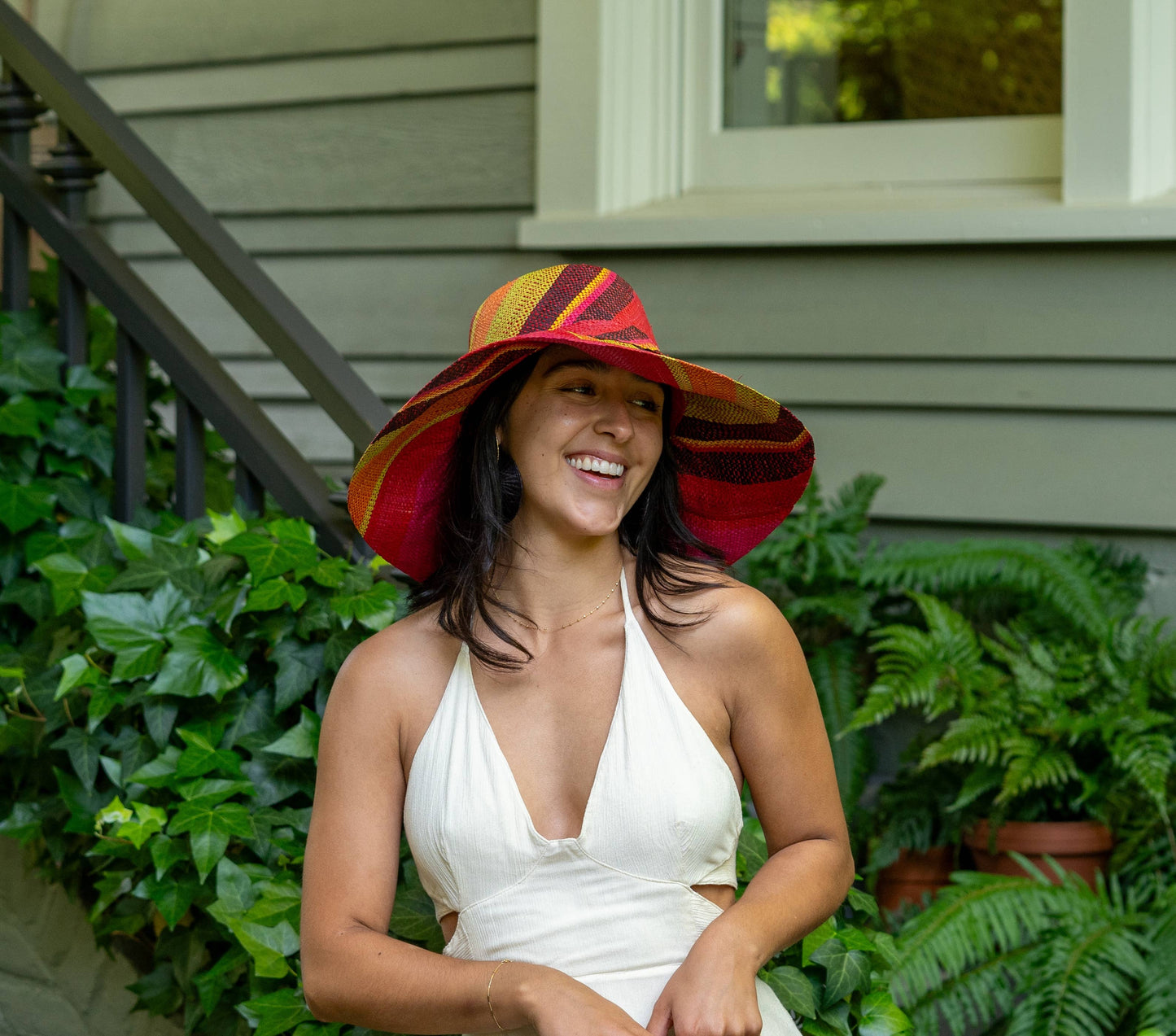 Monica 5" & 7" Wide Brim Stripe Packable Straw Sun Hats: Olive Swirl / 7 Inch