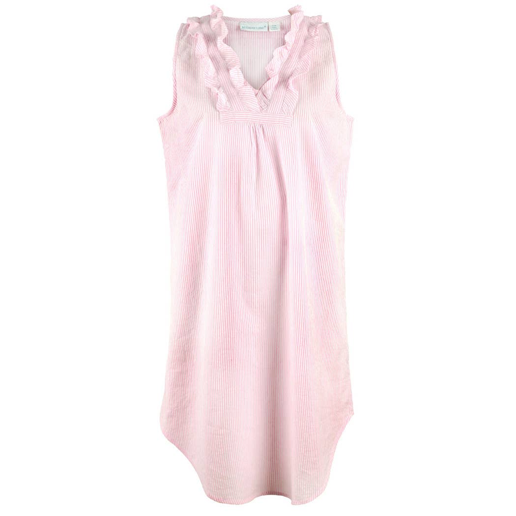 Pink Seersucker ~ Sleeveless Ruffled Nightgown: S/M