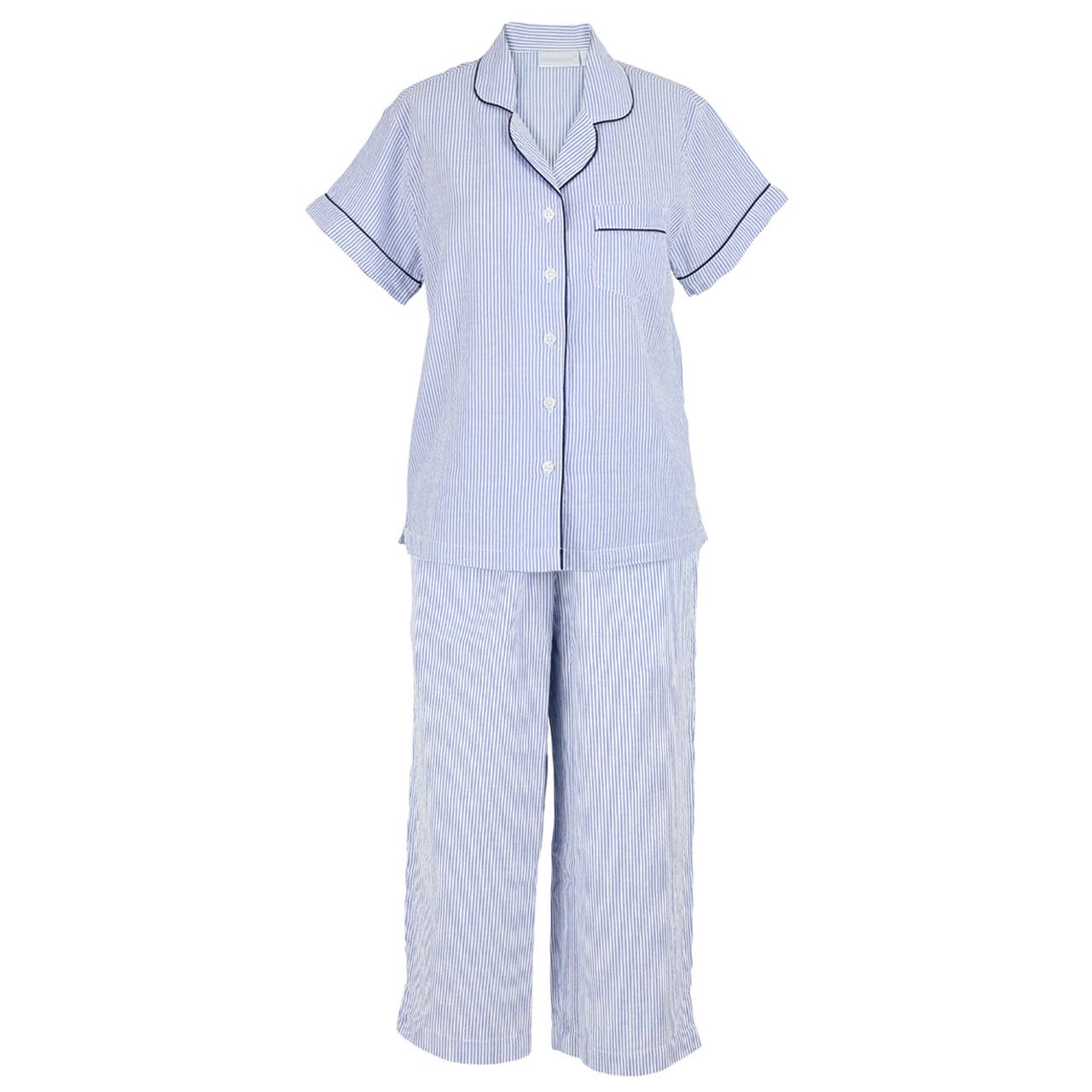Blue Seersucker-Navy Short Sleeve Capri Pajamas: S
