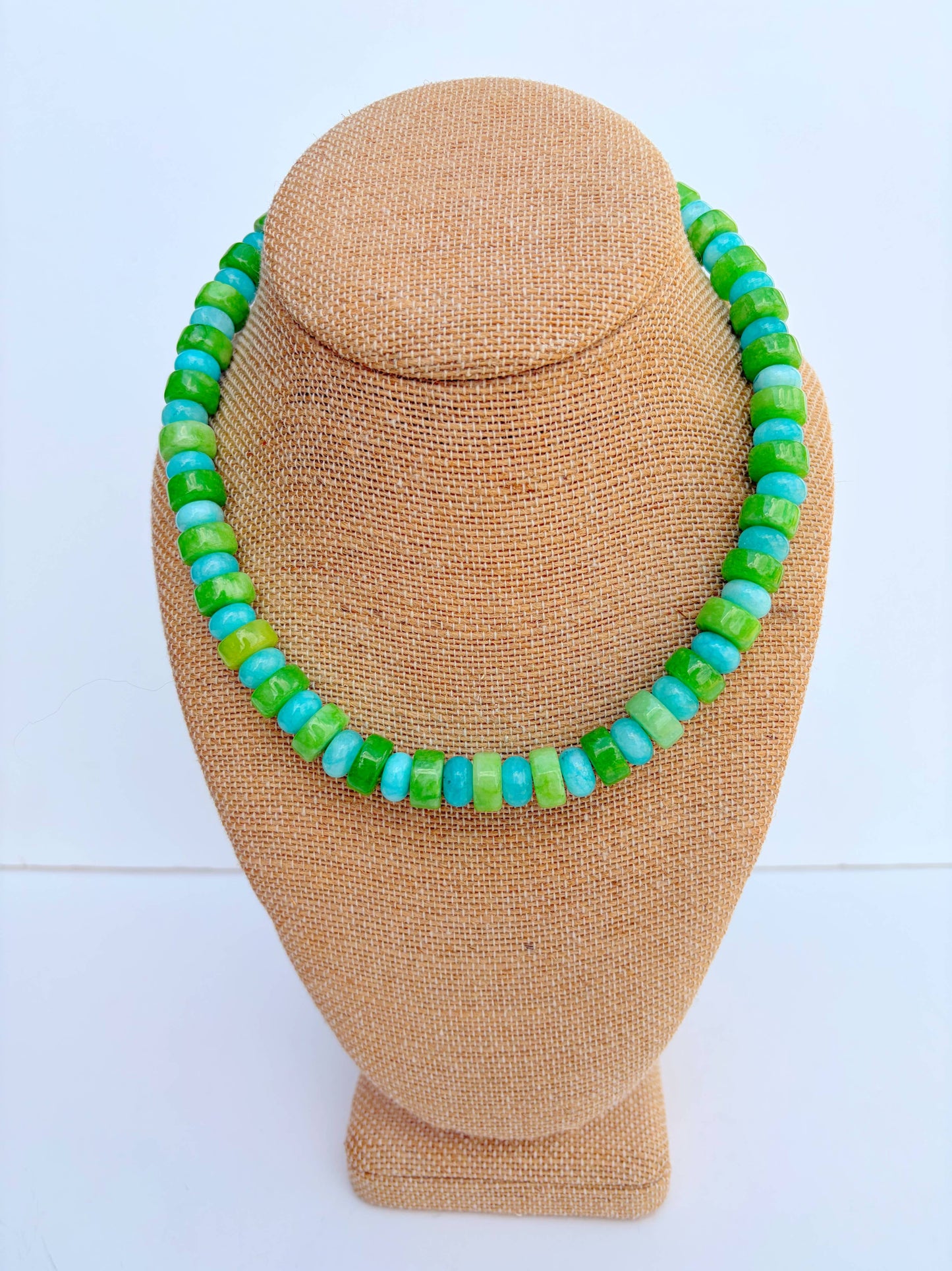 Turquoise & Green Beaded Necklace – Colorblock Statement Necklace (16”)