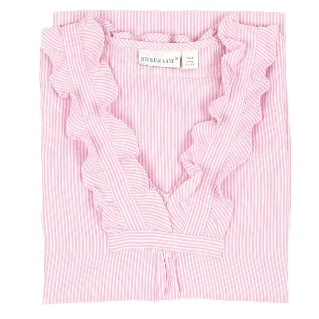 Pink Seersucker ~ Long Sleeve Ruffled Nightshirt