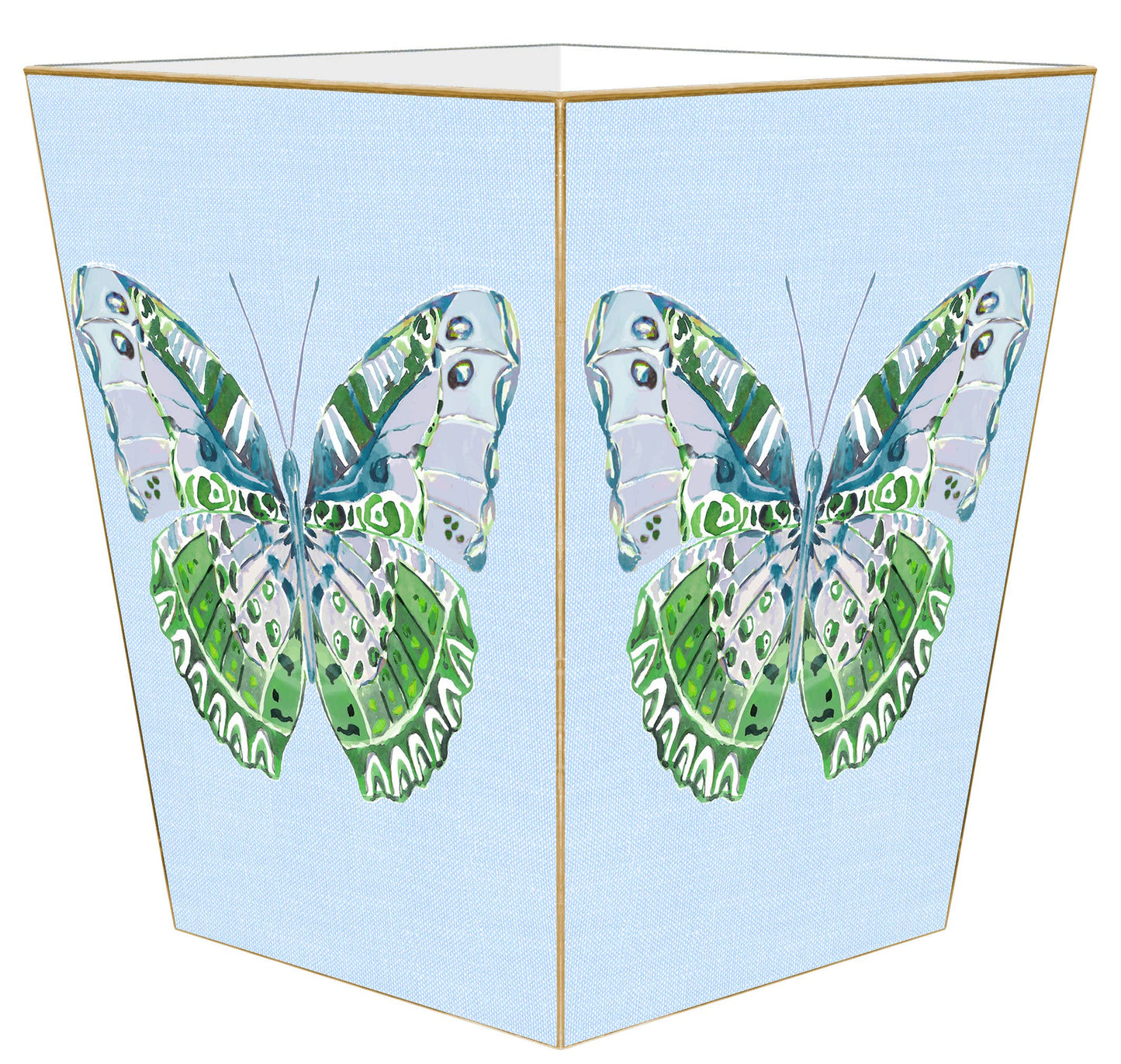 WB7781-Blue Linen Butterfly Wastebasket: Scalloped Top