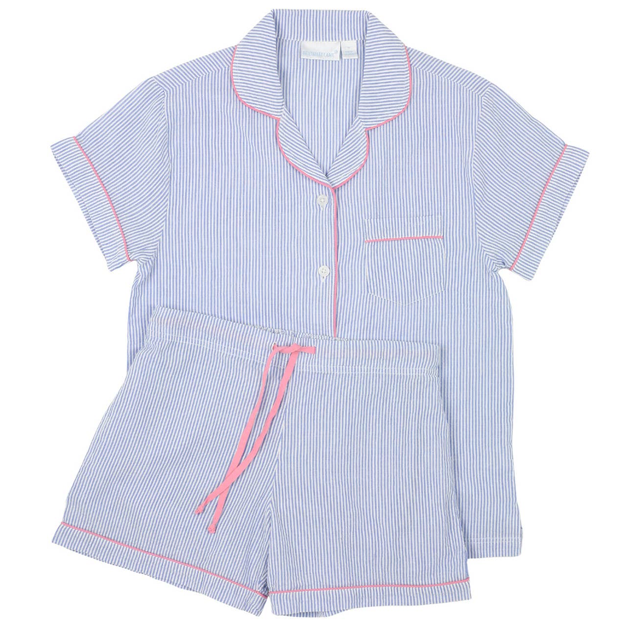 Blue Seersucker-Pink Short Sleeve Shorty Pajamas : M
