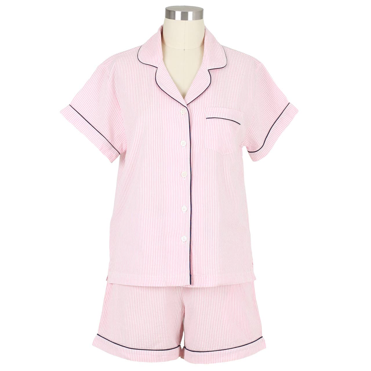 Pink Seersucker-Navy Short Sleeve Shorty Pajamas: S