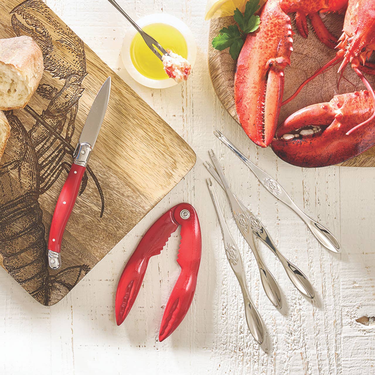 Seafood Tools in Wood Tray - Set of 6: Stainless Steel, Zinc Alloy, Plastic, Pine Wood / 5.75" W x 8.25" H x .5" D