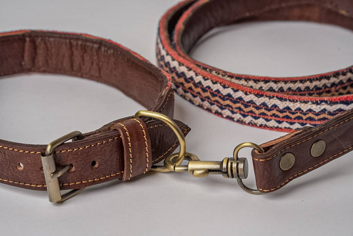 Vintage Kilim & Leather Dog Collar and Leash Set: Small