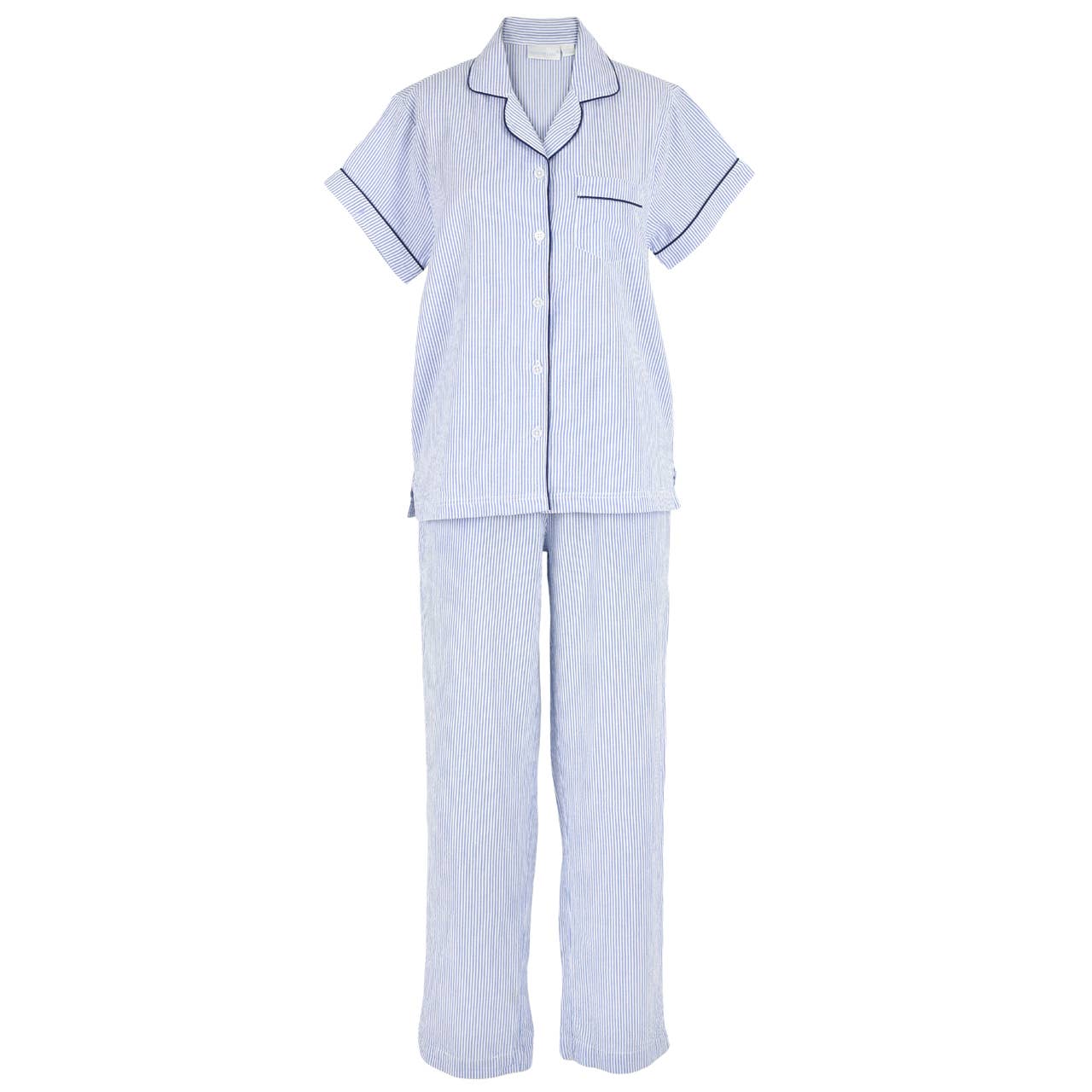 Blue Seersucker-Navy Short Sleeve Long Pant Pajamas