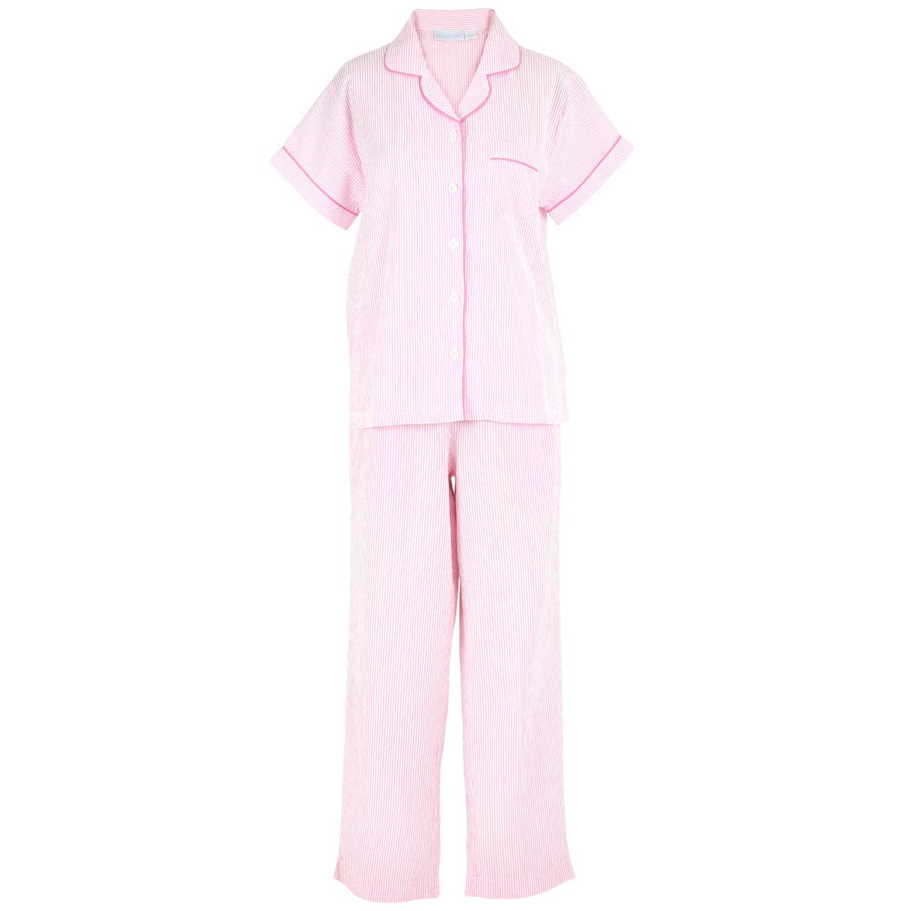 Pink Seersucker-Pink Short Sleeve Long Pant Pajamas