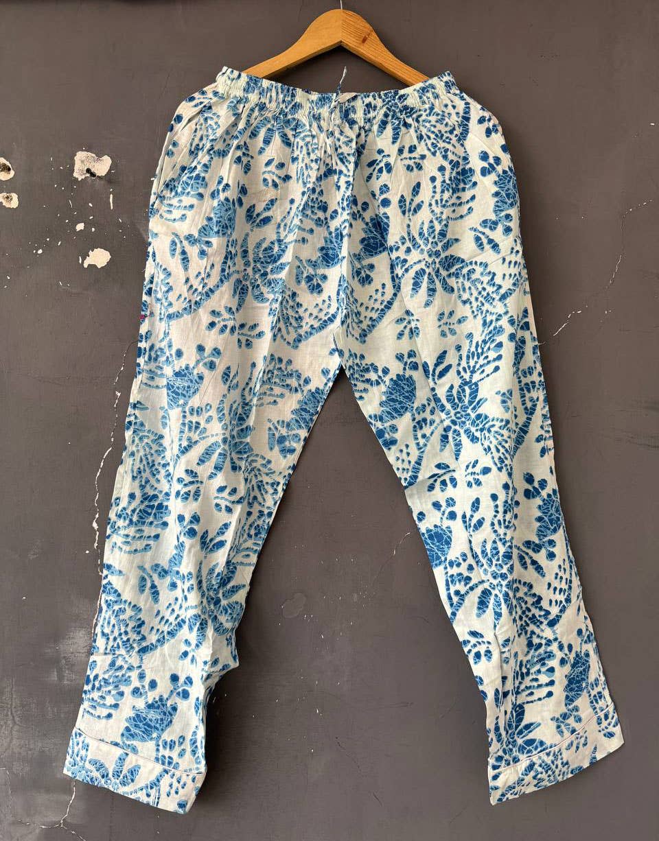 White Cotton Handmade Block Printed Pajama Set Long PJ Sets: S