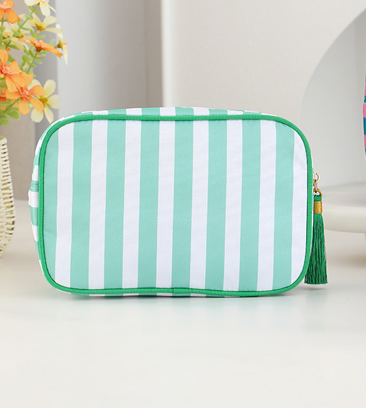Striped Cosmetic Bag Tassel Zip Makeup Bag: Gpink / M