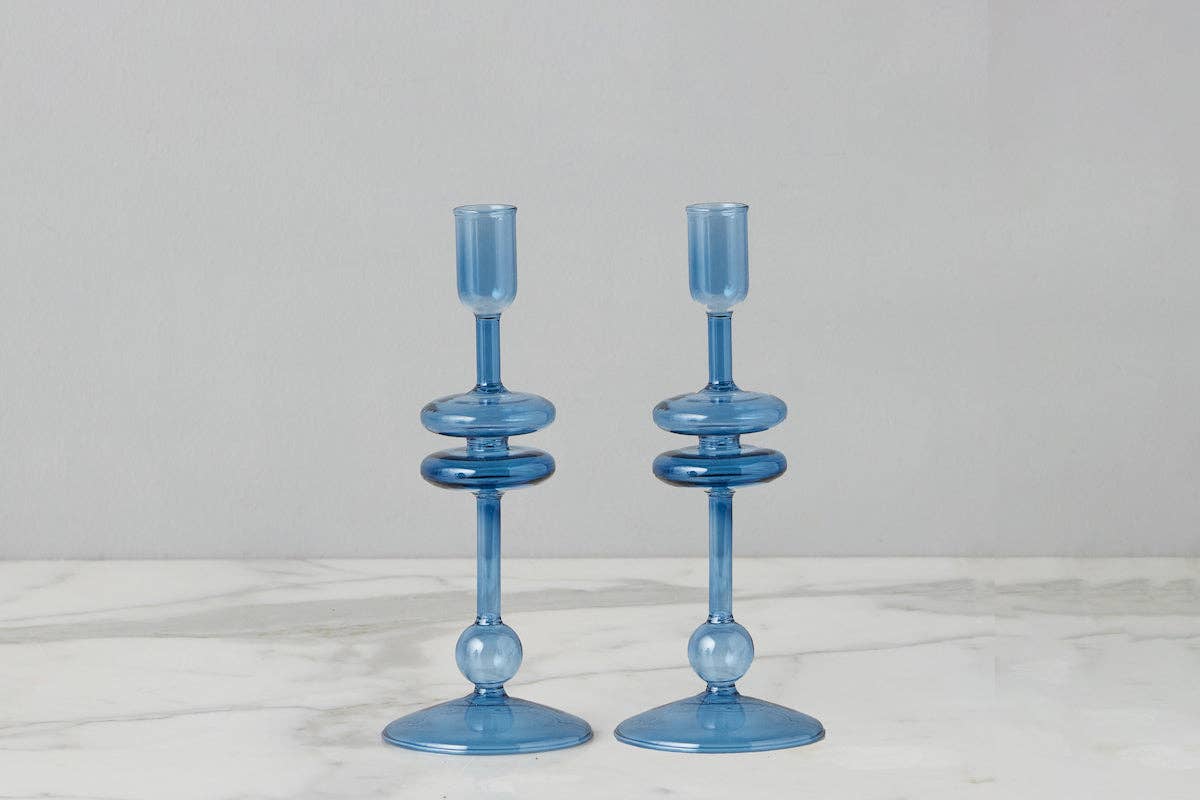 Glass Candlestick Pair, Small, Sapphire Blue
