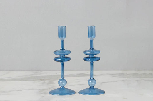 Glass Candlestick Pair, Small, Sapphire Blue