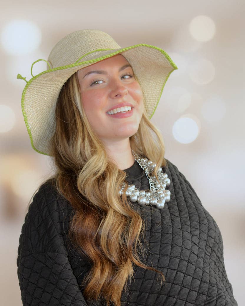 Rachel 4" Brim Crochet Straw Sun Hats with Colored Edge: Midori
