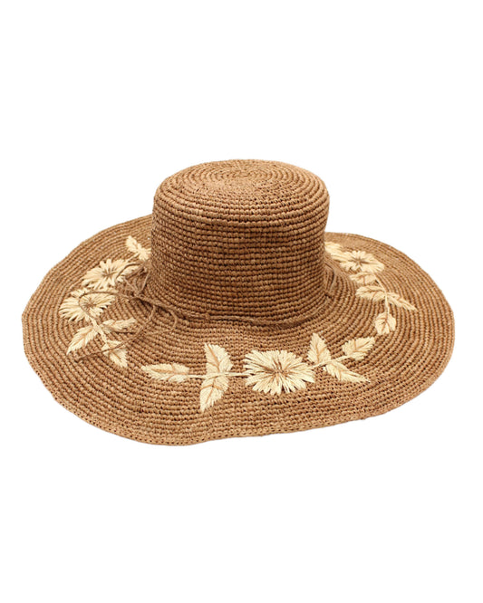Gigi 5.5" Brim Floral Embroidered Crochet Straw Sun Hats: Cinnamon