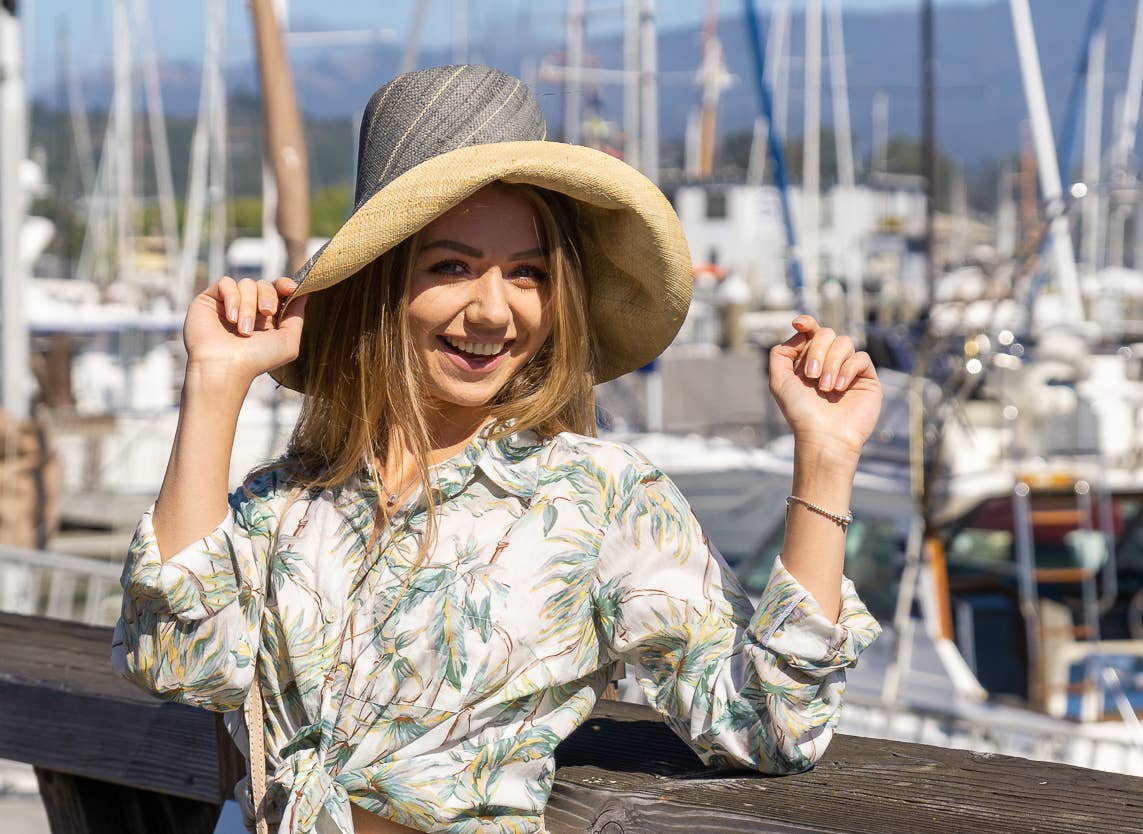 Monica 5" & 7" Wide Brim Two Tone Packable Straw Sun Hats: Saffron Two Tone / 7" Brim