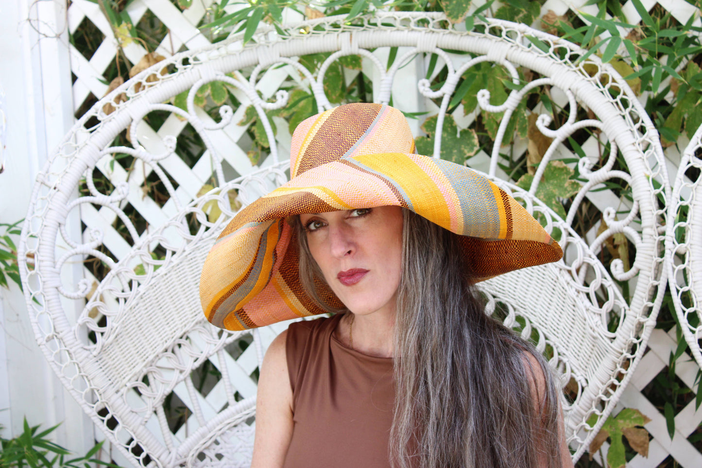 Monica 5" & 7" Wide Brim Stripe Packable Straw Sun Hats: Olive Swirl / 7 Inch