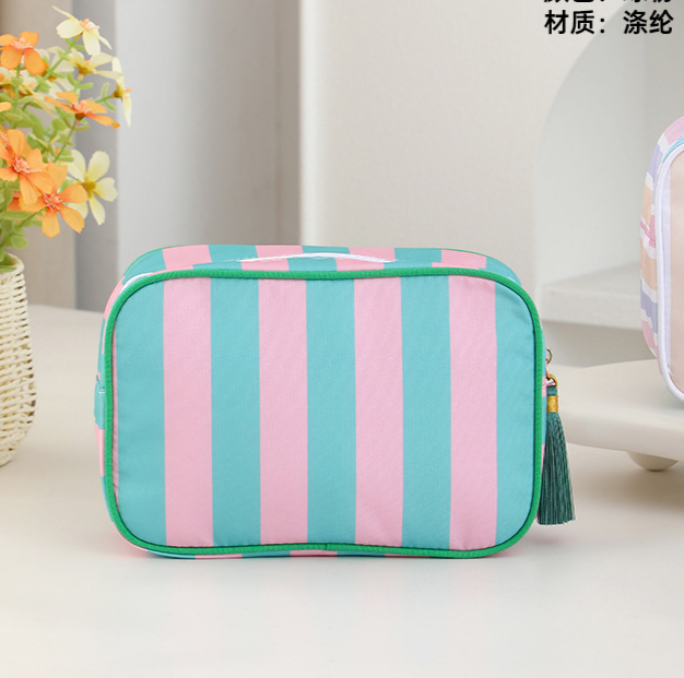 Striped Cosmetic Bag Tassel Zip Makeup Bag: Gpink / M