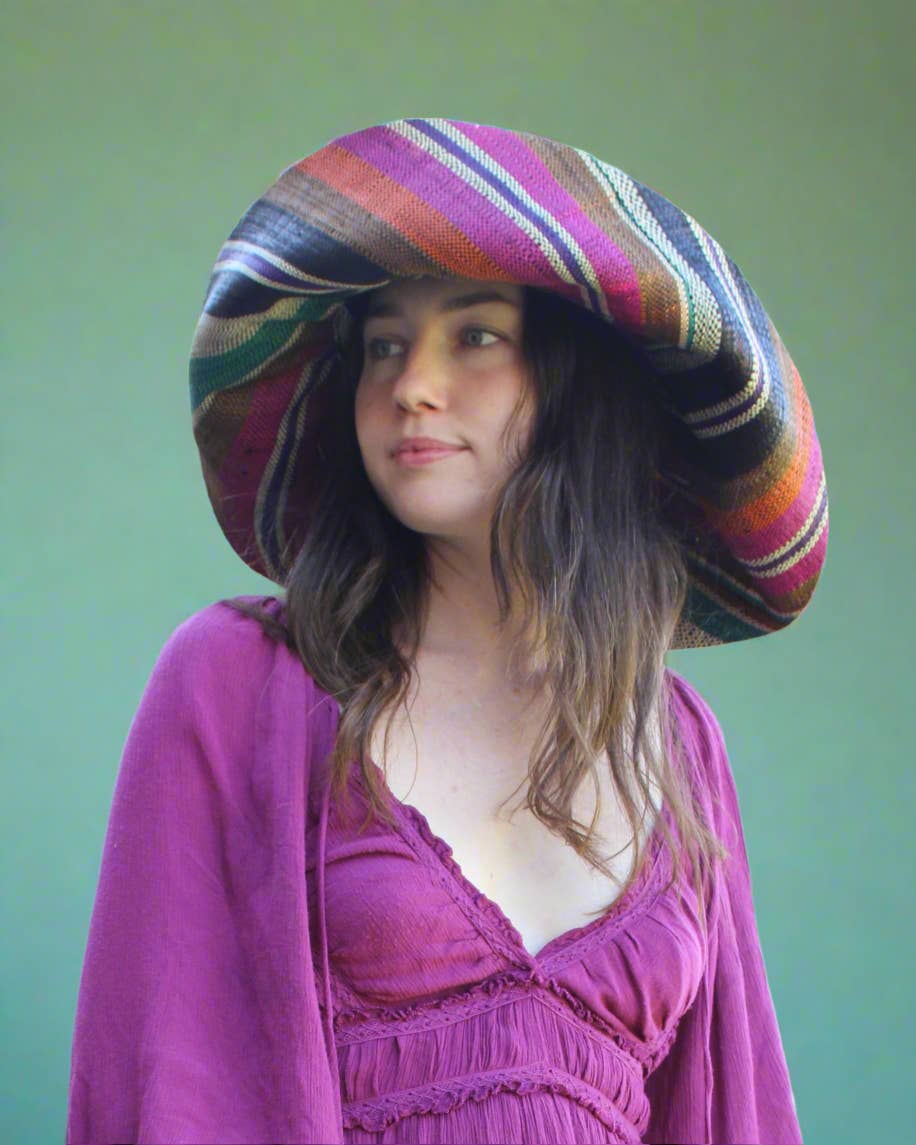Monica 5" & 7" Wide Brim Stripe Packable Straw Sun Hats: Lemonade Swirl / 7 Inch