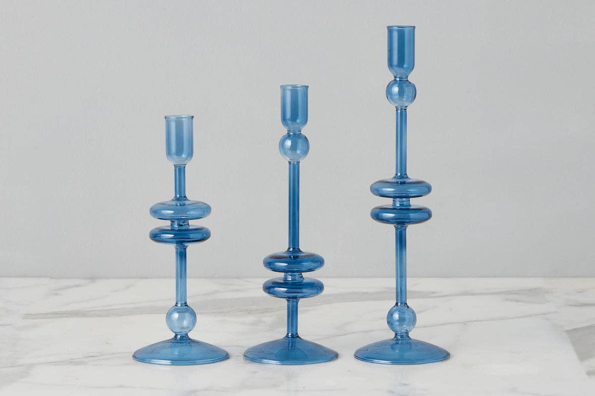 Glass Candlestick Pair, Small, Sapphire Blue