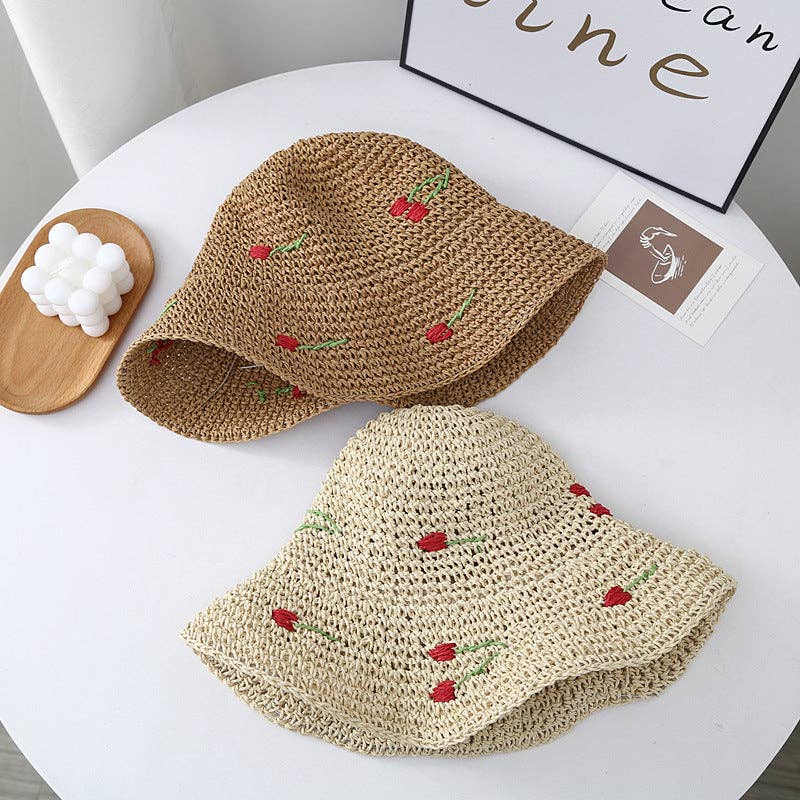 Cute Cherry Crochet Foldable Staw Buckt Hat 8BK6HAT28: Khaki