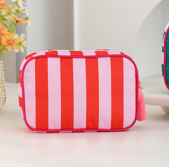 Striped Cosmetic Bag Tassel Zip Makeup Bag: Orange / M