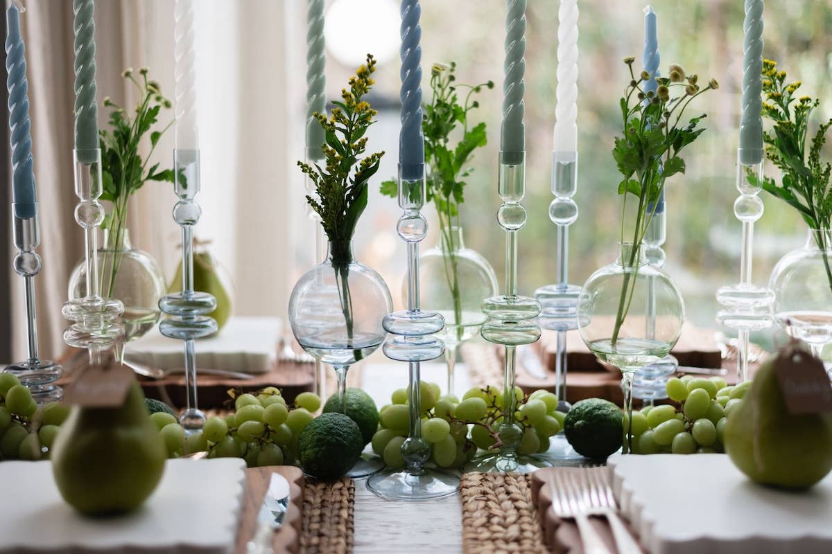 Glass Candlestick Pair, Medium, Denim