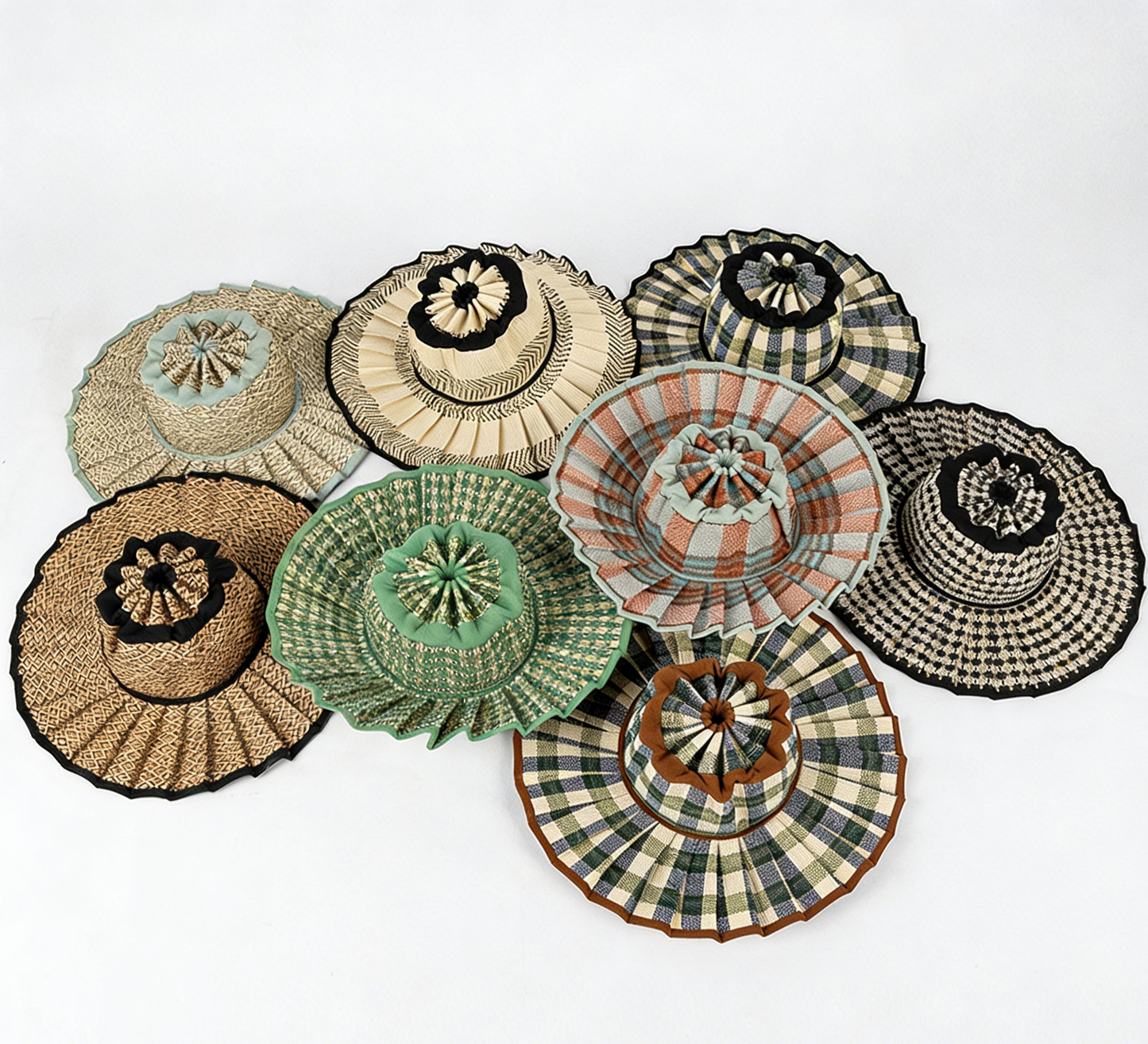 Ruffle Check Straw Hat Plaid Straw Sun Hat: Green / M