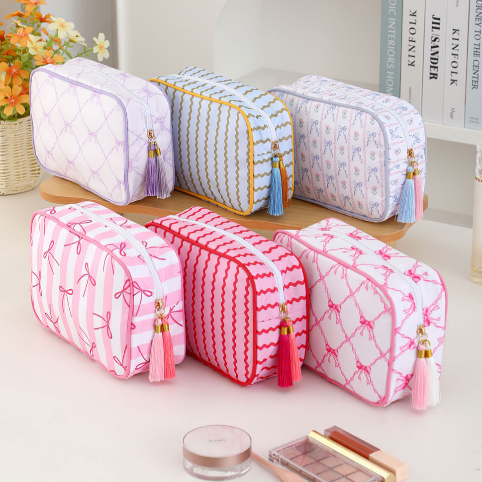 Striped Cosmetic Bag Tassel Zip Makeup Bag: Orange / M