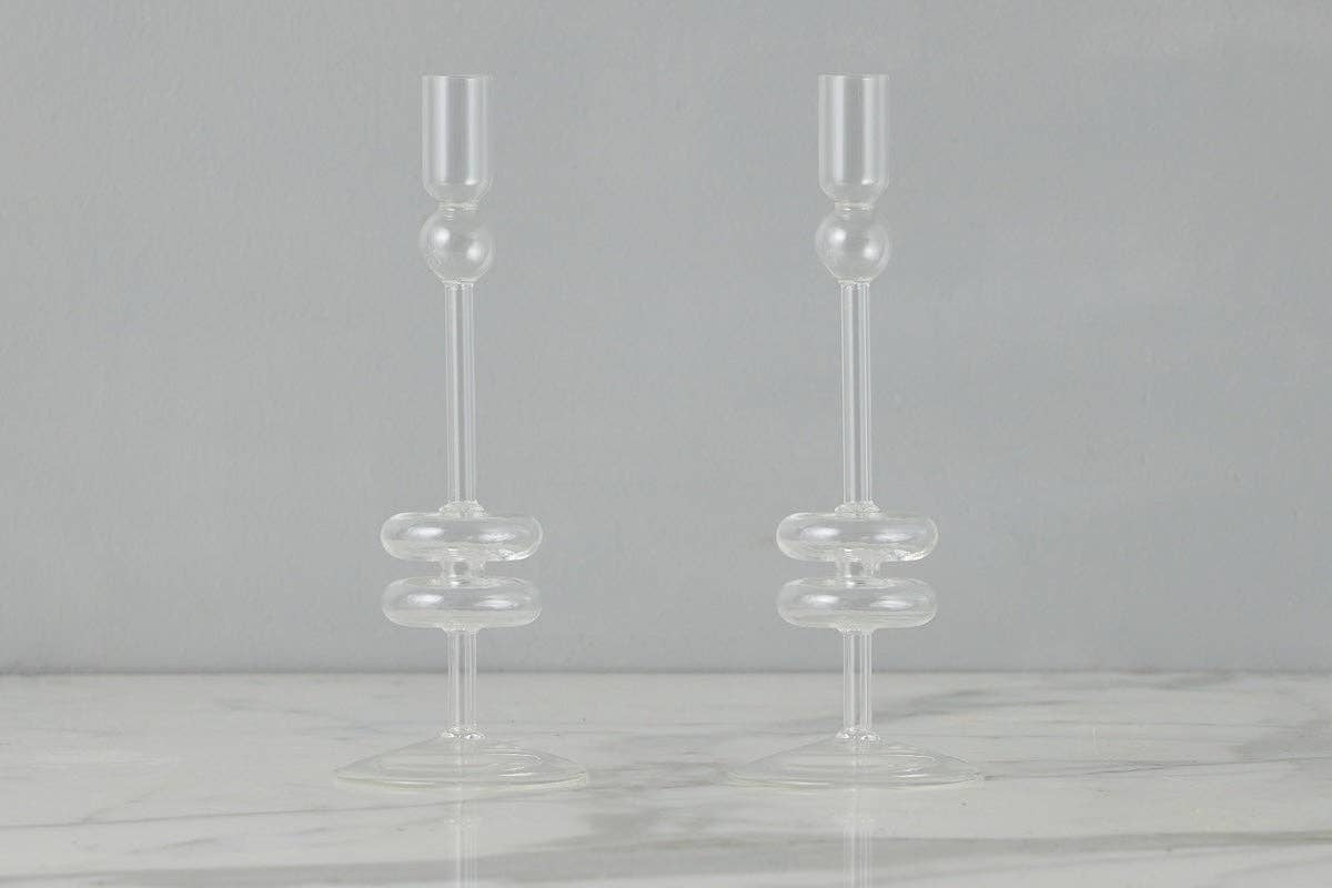 Glass Candlestick Pair, Medium, Clear