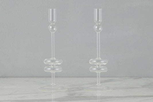 Glass Candlestick Pair, Medium, Clear